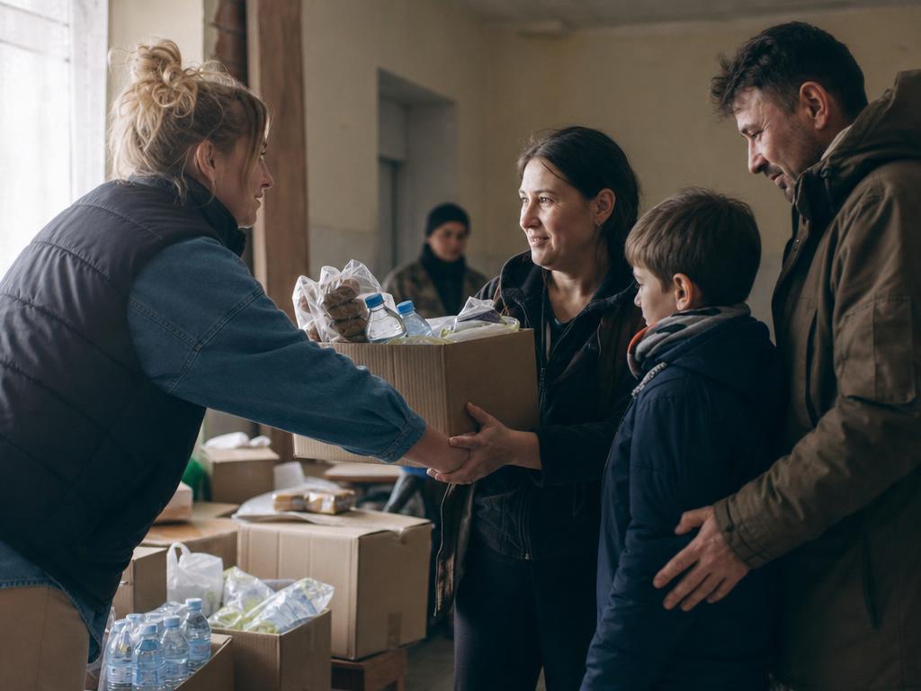 Volunteers handing boxes of food, water, and medical supplies to a displaced family with children