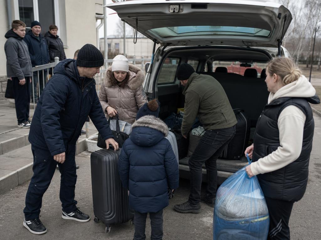 Volunteers helping a Ukrainian family with children load luggage into a van