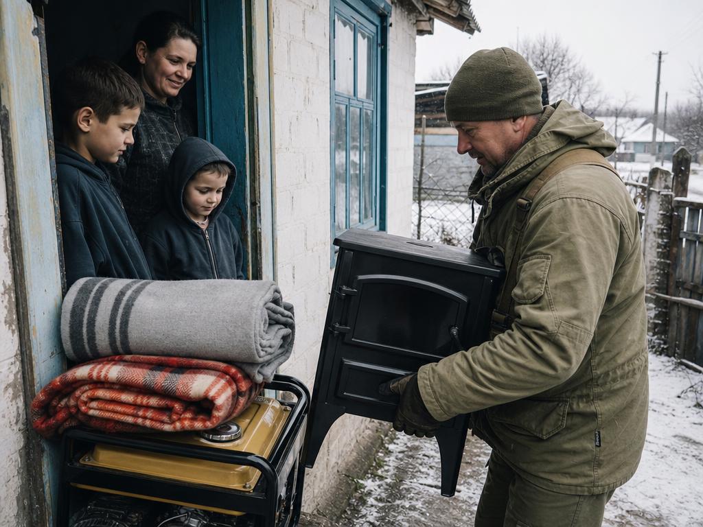 A volunteer delivering a wood stove, blankets, and a generator to a rural family with children in winter